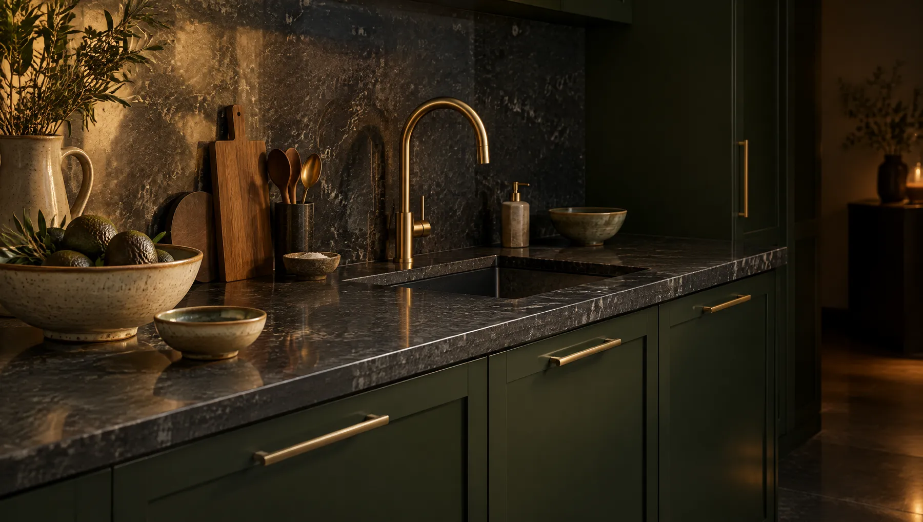 Kitchen with a black granite worktop