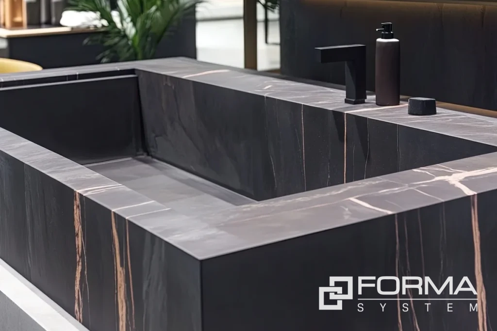 Kúpeľňa s umývadlom a doskou zo sintrovaného kameňa Dekton